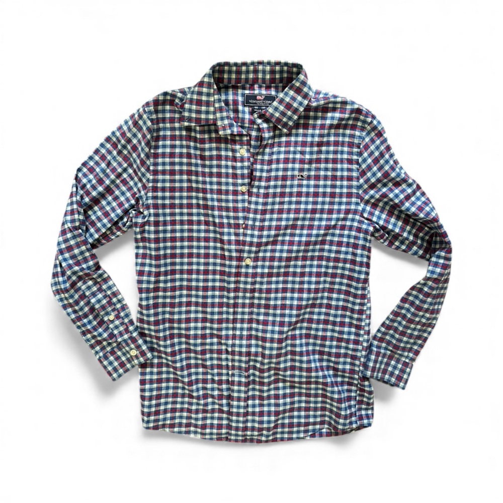 Vineyard Vines Boy’s Plaid Button Down Flannel Whale Shirt Blue Red Size 16
